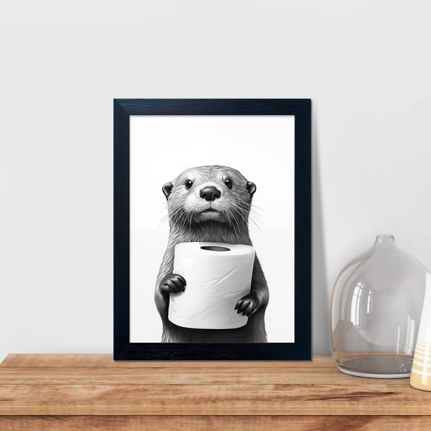 Whimsical Humor for Your Walls – 10"x8" Otter Holding Toilet Paper Wall Art (Black & White)