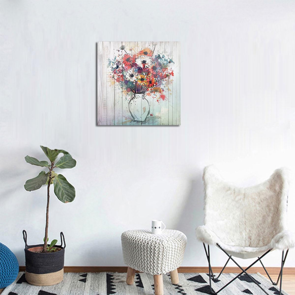 Rustic Floral Vase Canvas Wall Art | 14"x14" Square Framed Painting for Living Room & Bedroom