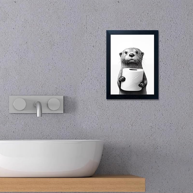 Whimsical Humor for Your Walls – 10"x8" Otter Holding Toilet Paper Wall Art (Black & White)