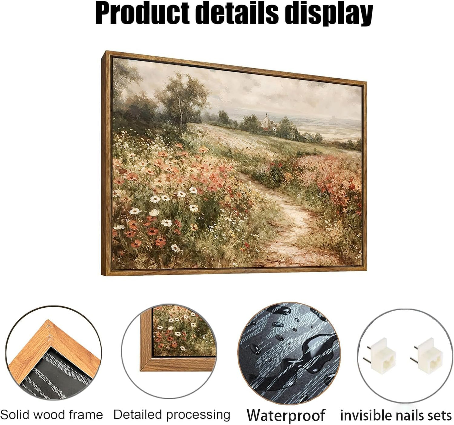 Rustic Floral Landscape Canvas Wall Art – 16"x12" Framed, Waterproof, Ready to Hang