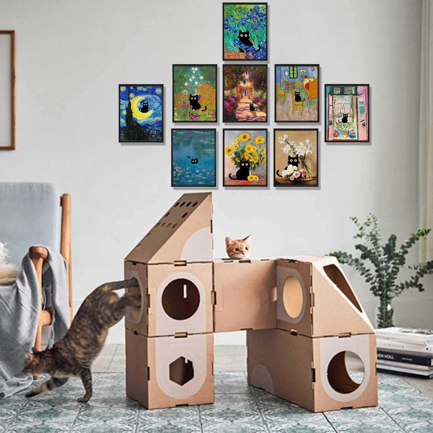 Cartoon Cat Art Print Set | 8"x10" Classic Painting Inspired Posters | Pack of 9 Unframed Wall Decor Prints