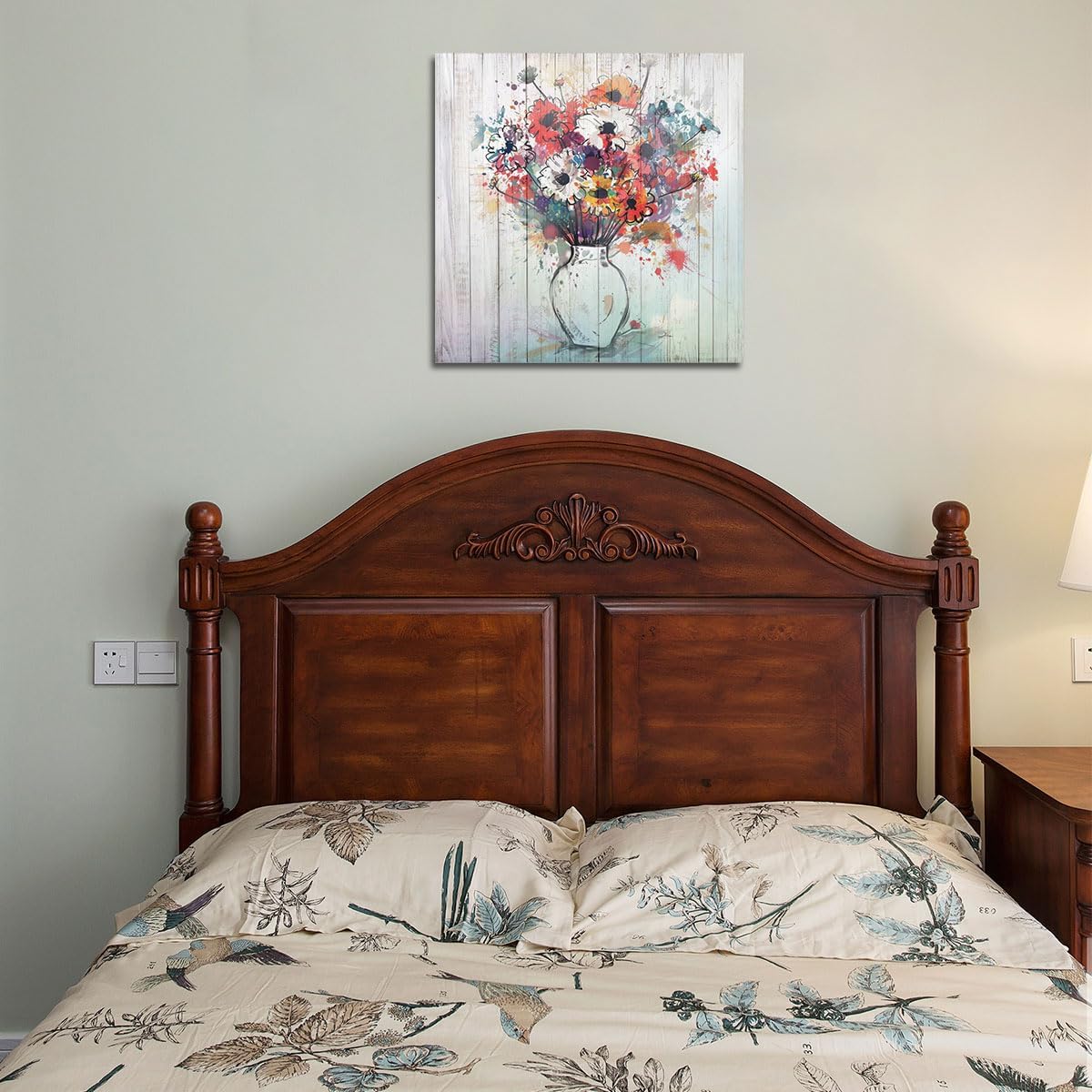 Rustic Floral Vase Canvas Wall Art | 14"x14" Square Framed Painting for Living Room & Bedroom