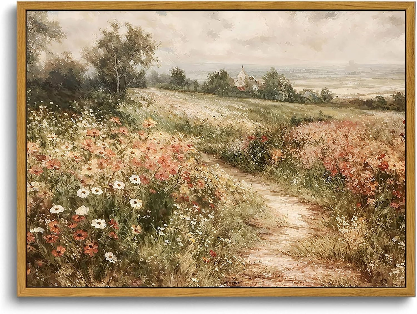 Rustic Floral Landscape Canvas Wall Art – 16"x12" Framed, Waterproof, Ready to Hang