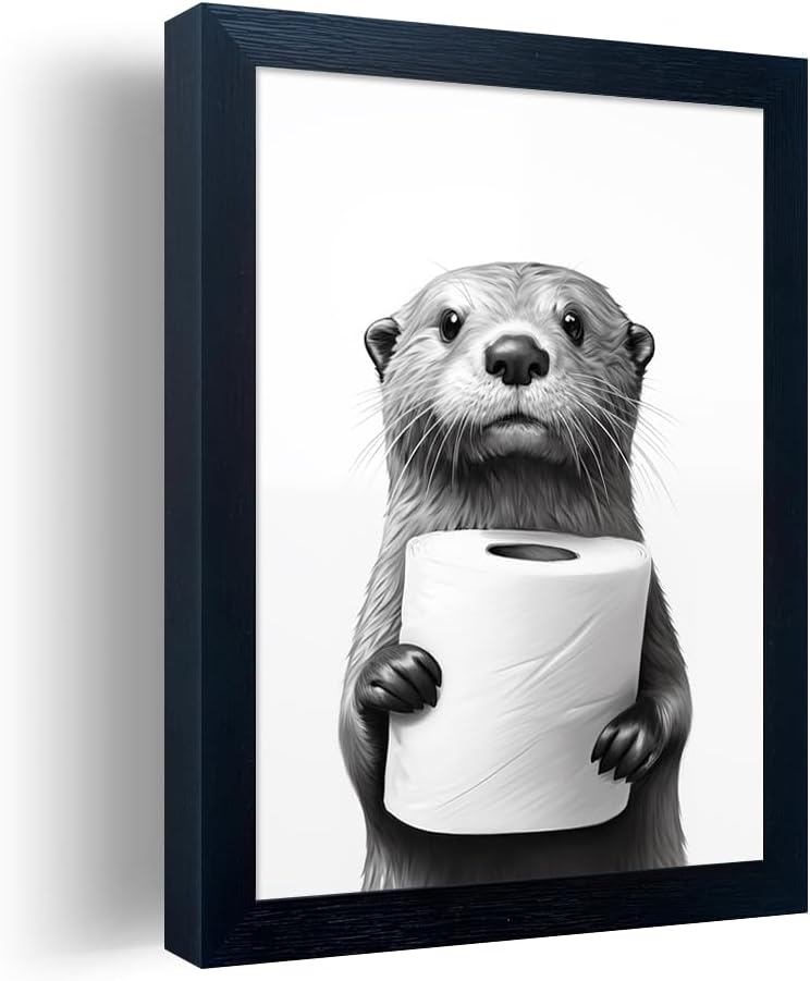 Whimsical Humor for Your Walls – 10"x8" Otter Holding Toilet Paper Wall Art (Black & White)