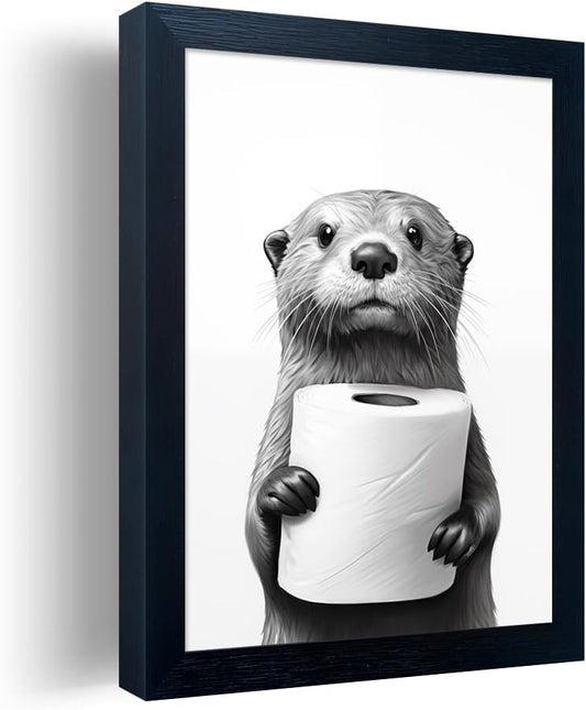 Whimsical Humor for Your Walls – 10"x8" Otter Holding Toilet Paper Wall Art (Black & White)
