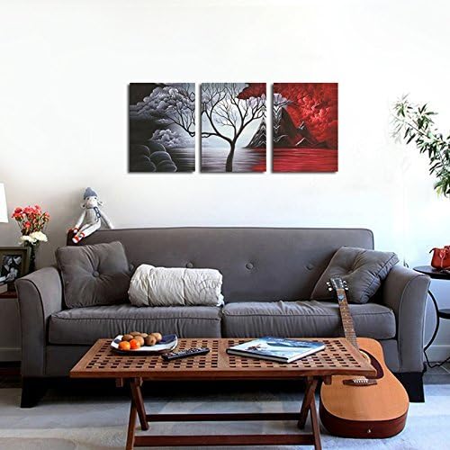 Bold Harmony – Modern Red, Black & Gray Abstract Tree Triptych Wall Art (36"x16")