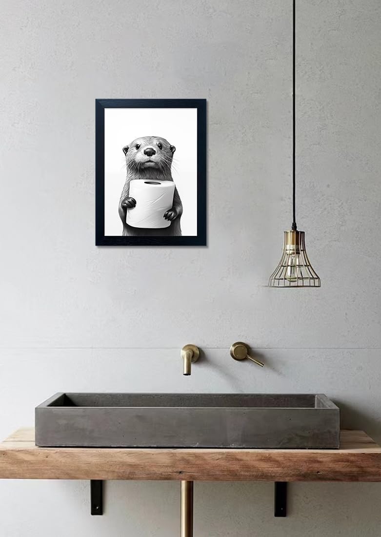 Whimsical Humor for Your Walls – 10"x8" Otter Holding Toilet Paper Wall Art (Black & White)