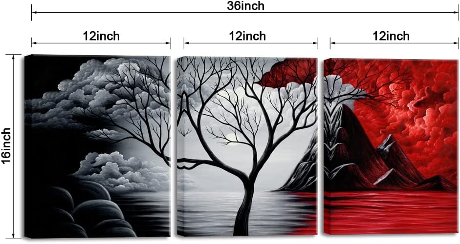 Bold Harmony – Modern Red, Black & Gray Abstract Tree Triptych Wall Art (36"x16")