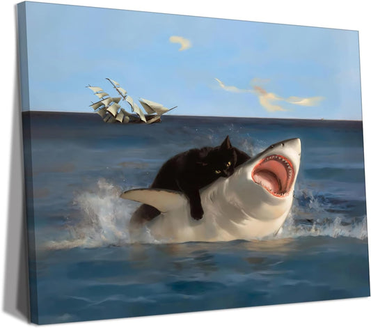 Black Cat Riding Shark Wall Art | Surreal Ocean Fantasy Canvas | 16"x12" Framed Decorative Painting
