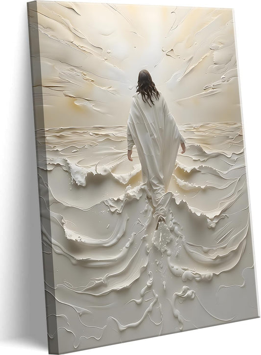 16x12 Inch Embossed Religious Canvas Art | Jesus Walking on Water Inspired Wall Decor | 3D Oil-Painting Style Print on Canvas