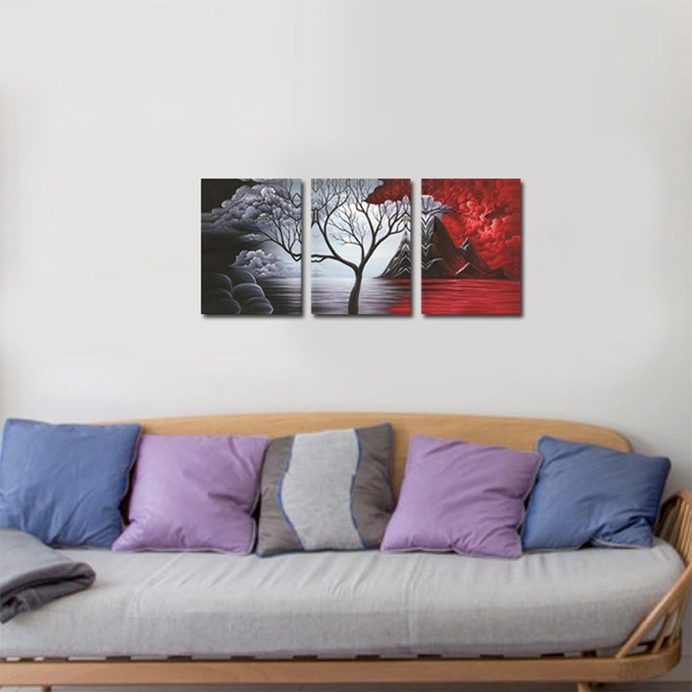 Bold Harmony – Modern Red, Black & Gray Abstract Tree Triptych Wall Art (36"x16")