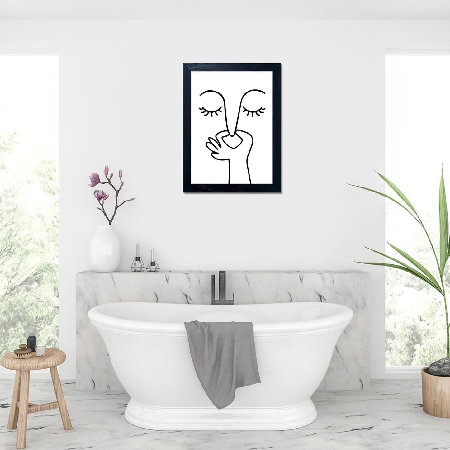 10x8 Inch Minimalist Line Art Wall Decor | Framed Abstract Portrait Canvas | Modern Black Wooden Frame