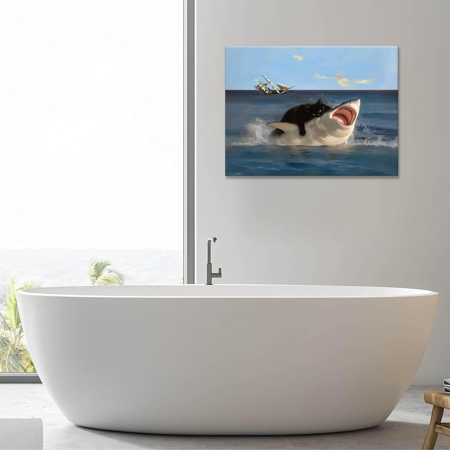 Black Cat Riding Shark Wall Art | Surreal Ocean Fantasy Canvas | 16"x12" Framed Decorative Painting