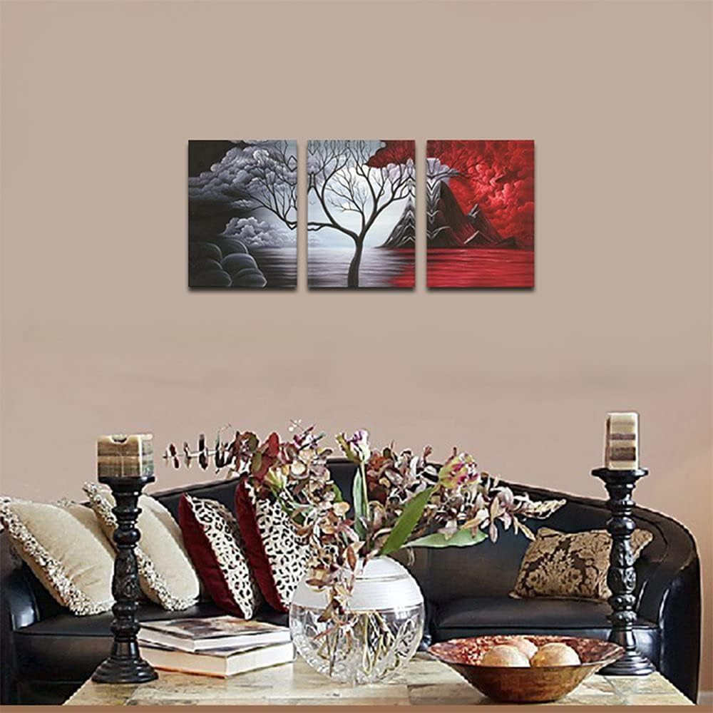 Bold Harmony – Modern Red, Black & Gray Abstract Tree Triptych Wall Art (36"x16")