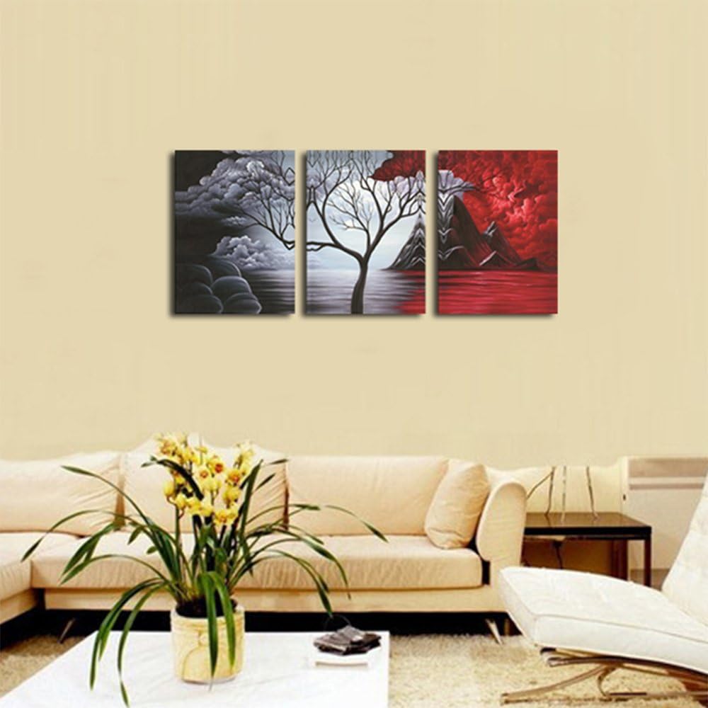 Bold Harmony – Modern Red, Black & Gray Abstract Tree Triptych Wall Art (36"x16")