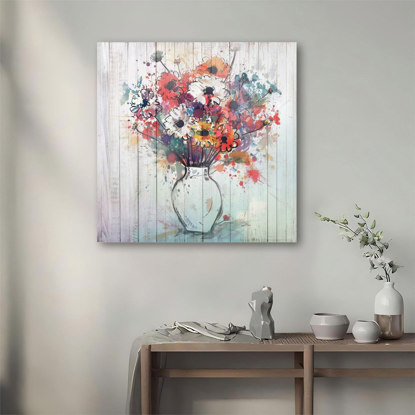 Rustic Floral Vase Canvas Wall Art | 14"x14" Square Framed Painting for Living Room & Bedroom