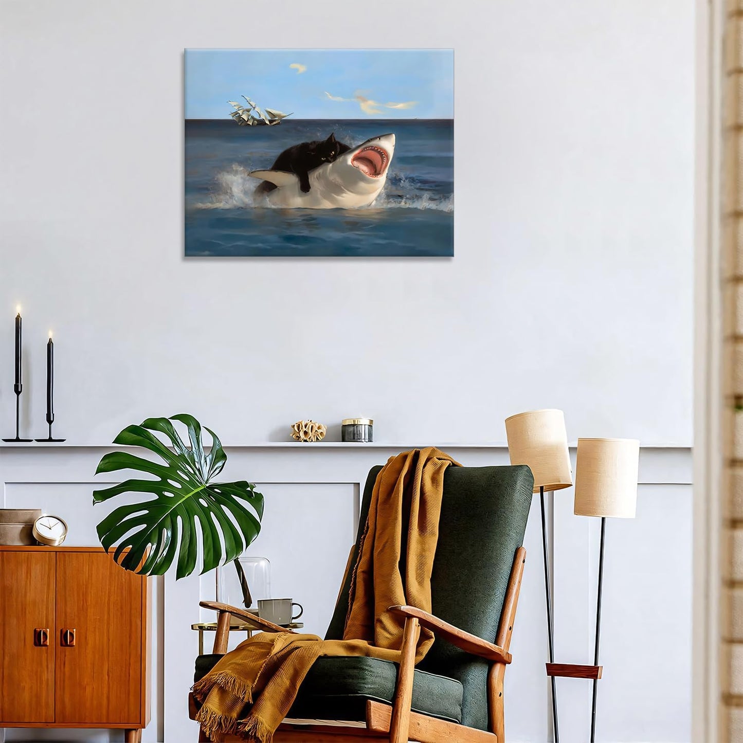 Black Cat Riding Shark Wall Art | Surreal Ocean Fantasy Canvas | 16"x12" Framed Decorative Painting