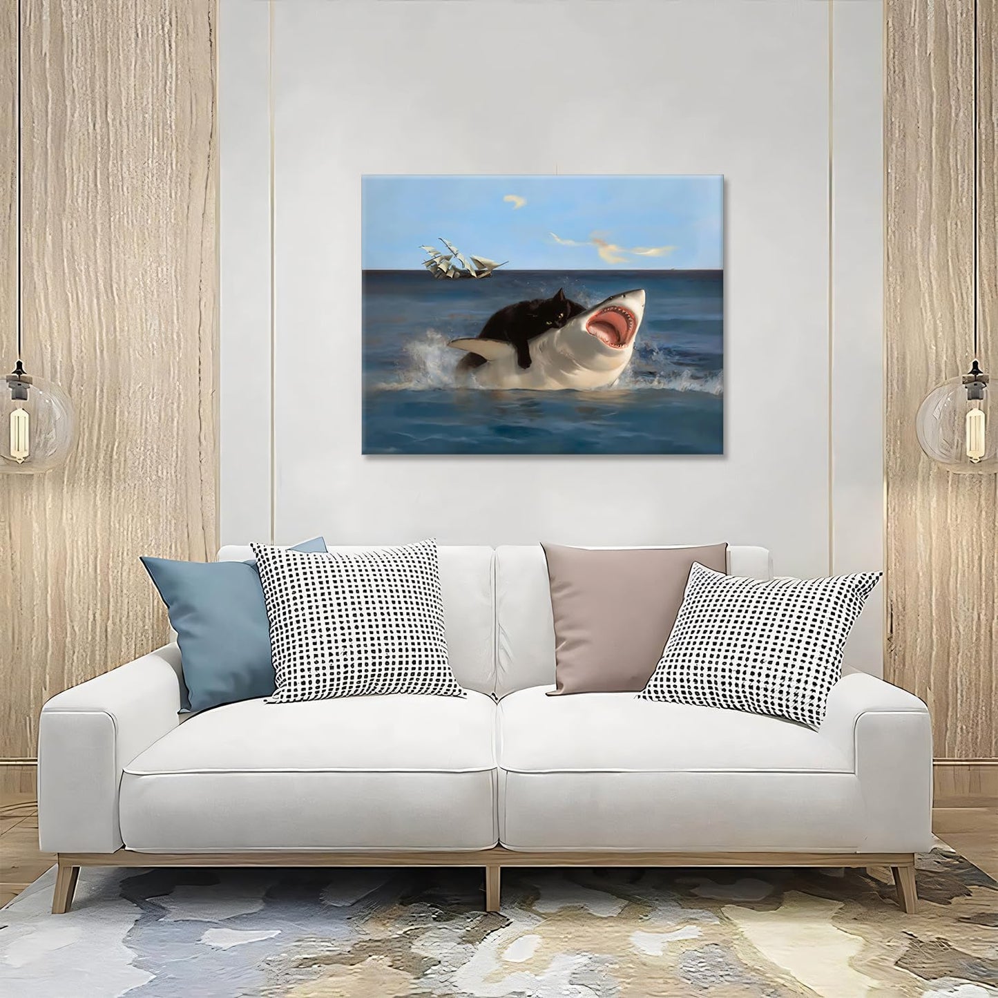 Black Cat Riding Shark Wall Art | Surreal Ocean Fantasy Canvas | 16"x12" Framed Decorative Painting