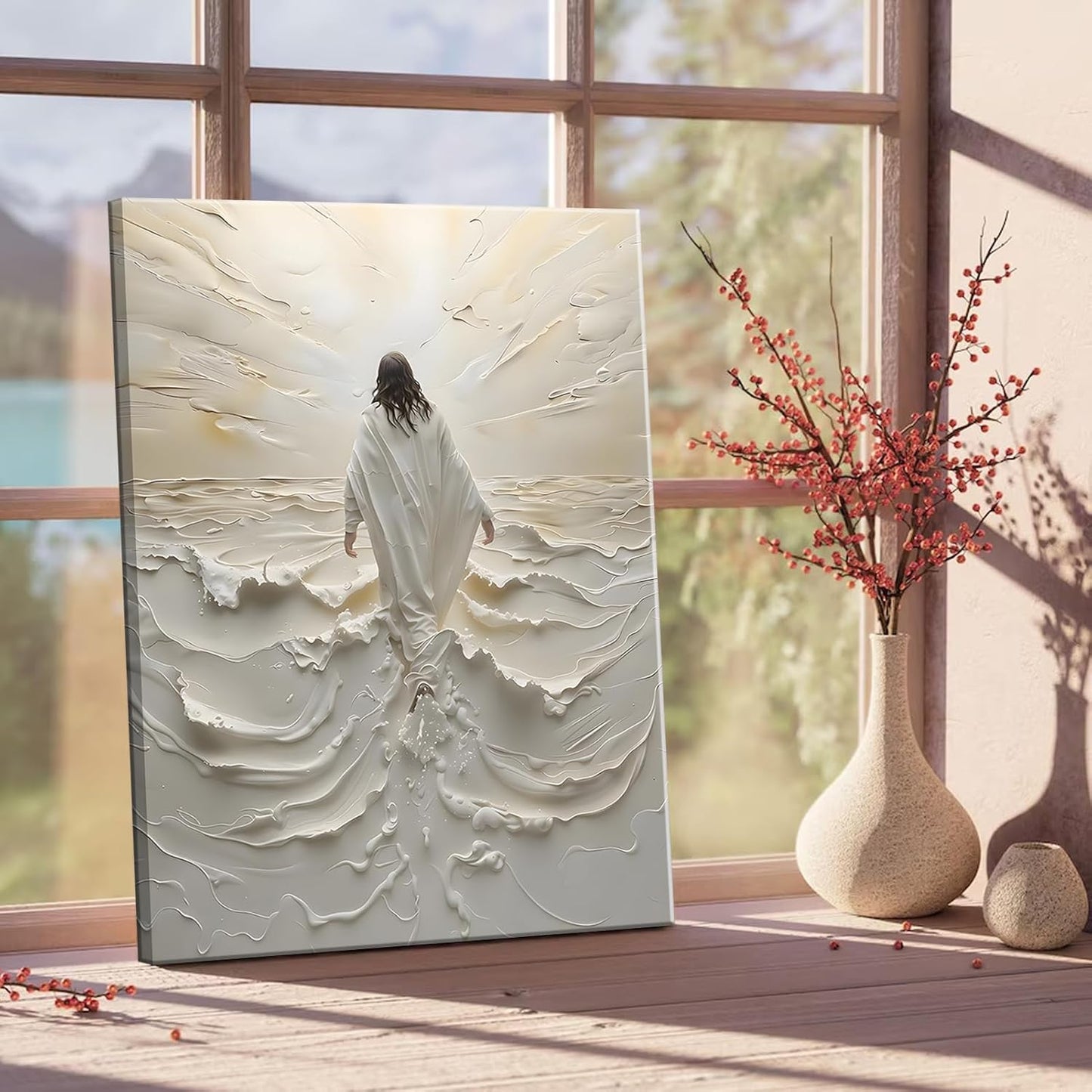 16x12 Inch Embossed Religious Canvas Art | Jesus Walking on Water Inspired Wall Decor | 3D Oil-Painting Style Print on Canvas