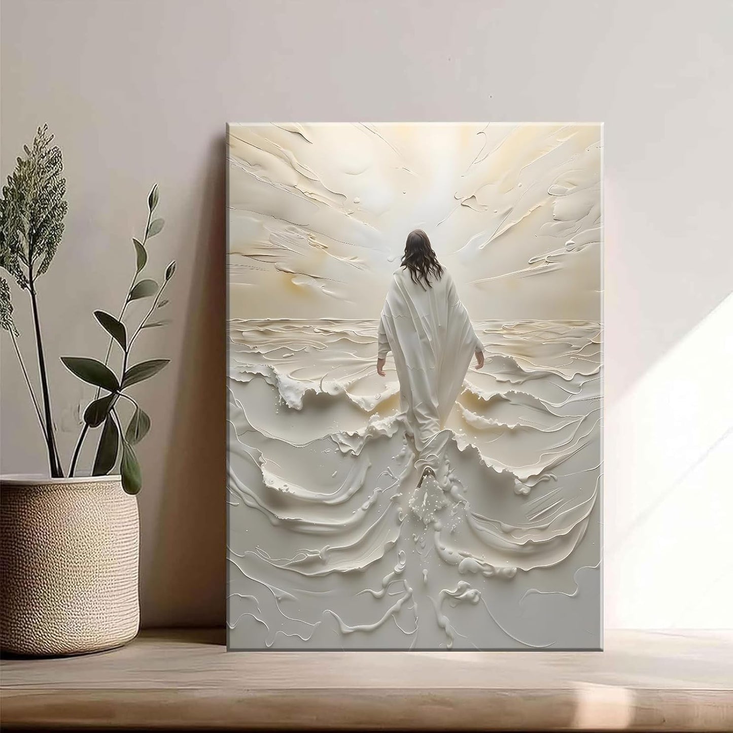 16x12 Inch Embossed Religious Canvas Art | Jesus Walking on Water Inspired Wall Decor | 3D Oil-Painting Style Print on Canvas