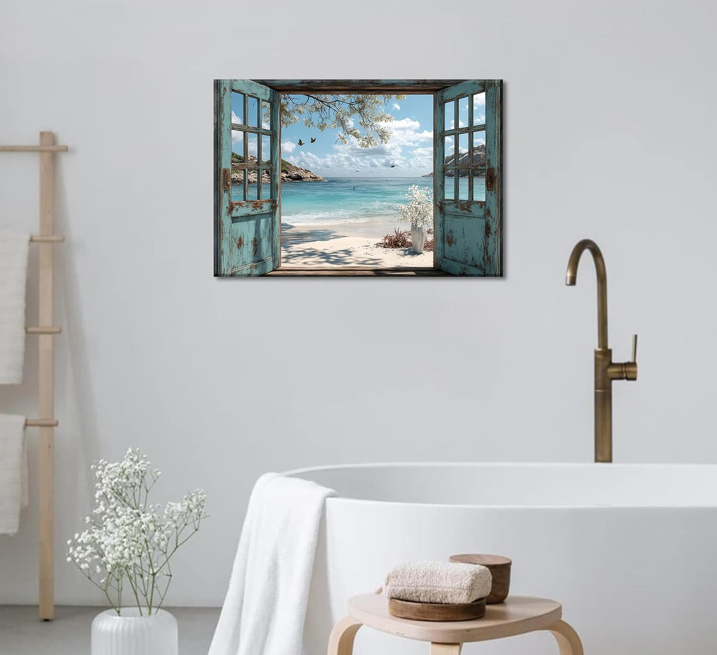 16"x12" Beach Window View Canvas Art｜Rustic Window Frame Design｜Waterproof HD Print｜Mediterranean Coastal Style