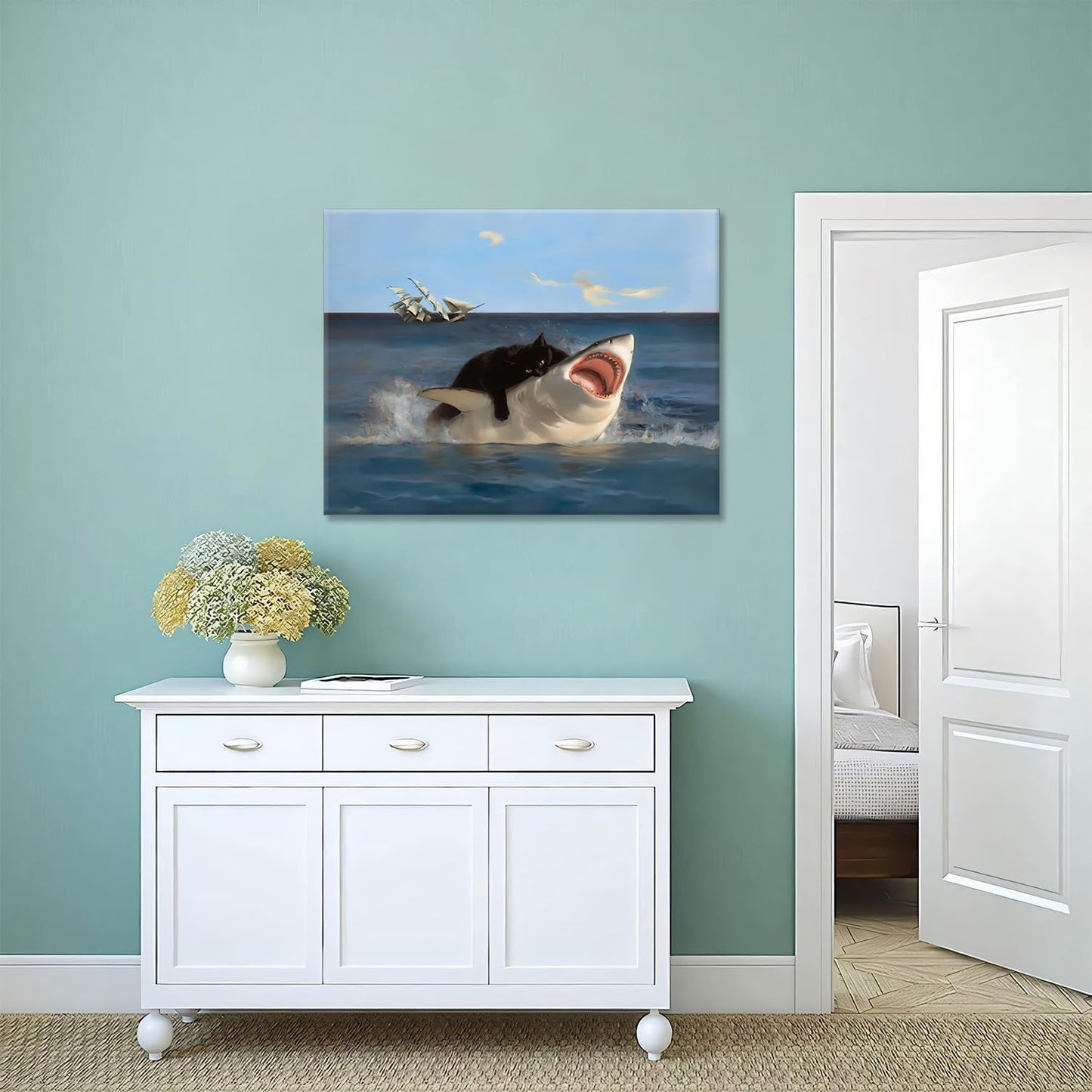 Black Cat Riding Shark Wall Art | Surreal Ocean Fantasy Canvas | 16"x12" Framed Decorative Painting
