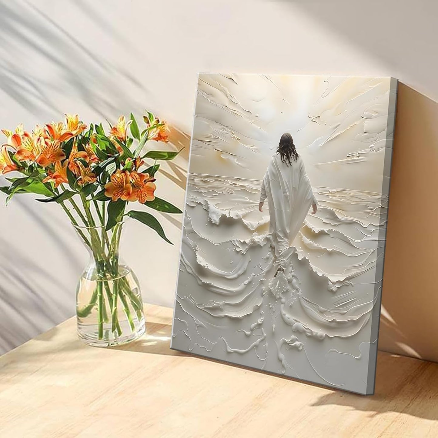 16x12 Inch Embossed Religious Canvas Art | Jesus Walking on Water Inspired Wall Decor | 3D Oil-Painting Style Print on Canvas