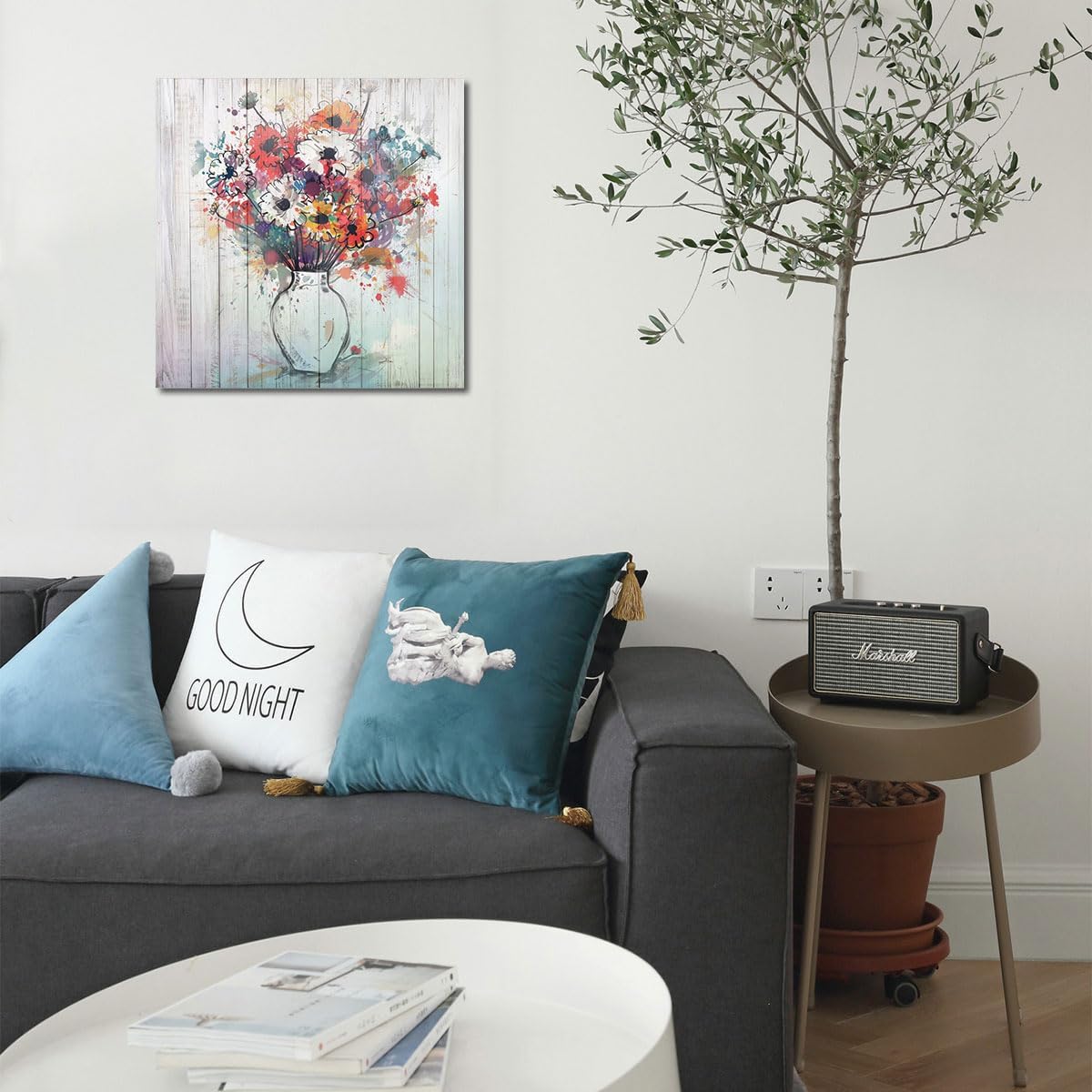 Rustic Floral Vase Canvas Wall Art | 14"x14" Square Framed Painting for Living Room & Bedroom