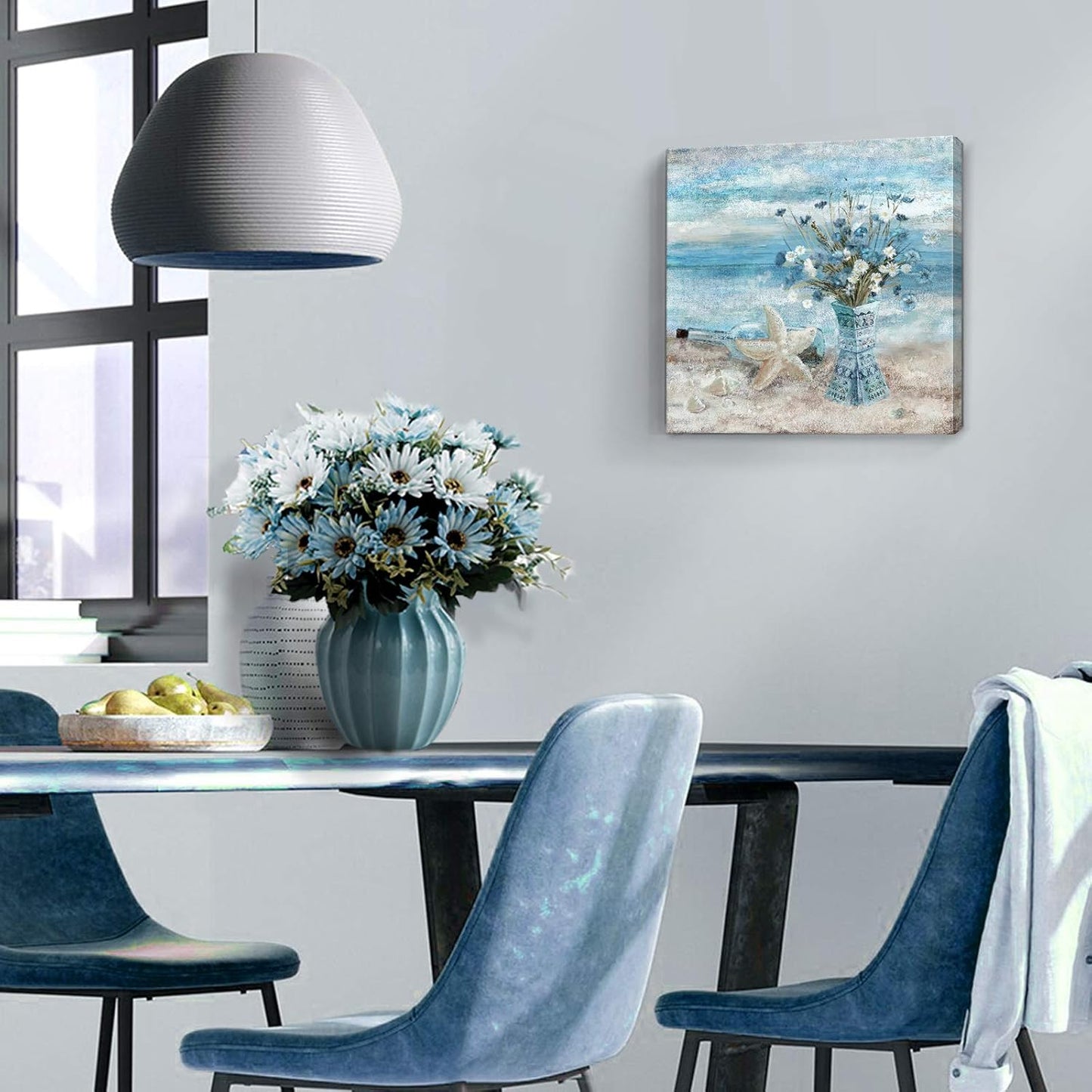 14x14 Inch Ocean Style Square Canvas Wall Art | Beach-Inspired Blue Floral & Starfish Print | Frameless Decorative Artwork
