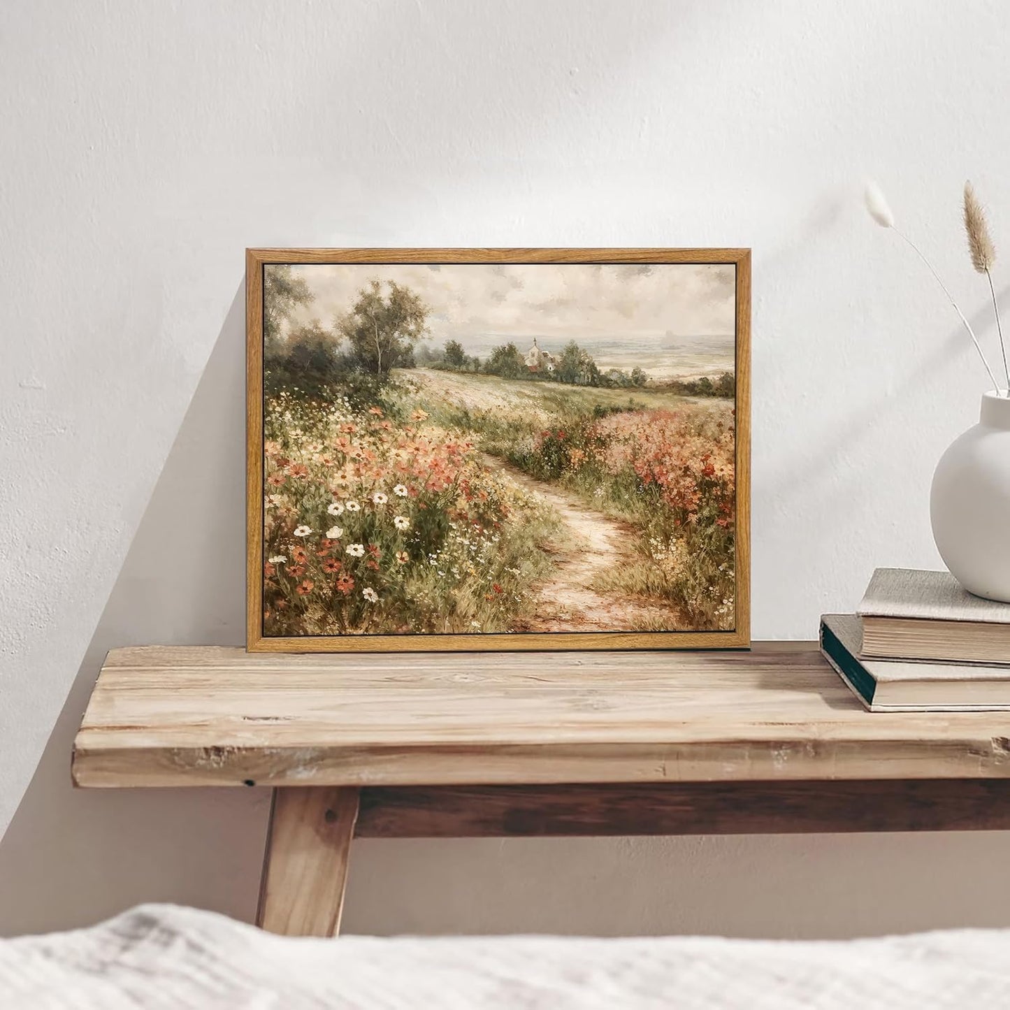 Rustic Floral Landscape Canvas Wall Art – 16"x12" Framed, Waterproof, Ready to Hang