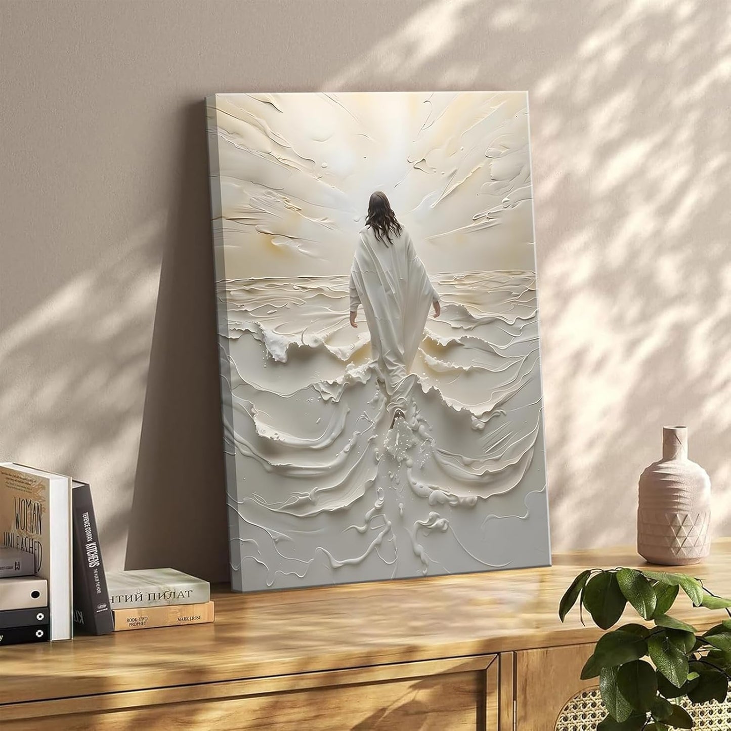 16x12 Inch Embossed Religious Canvas Art | Jesus Walking on Water Inspired Wall Decor | 3D Oil-Painting Style Print on Canvas