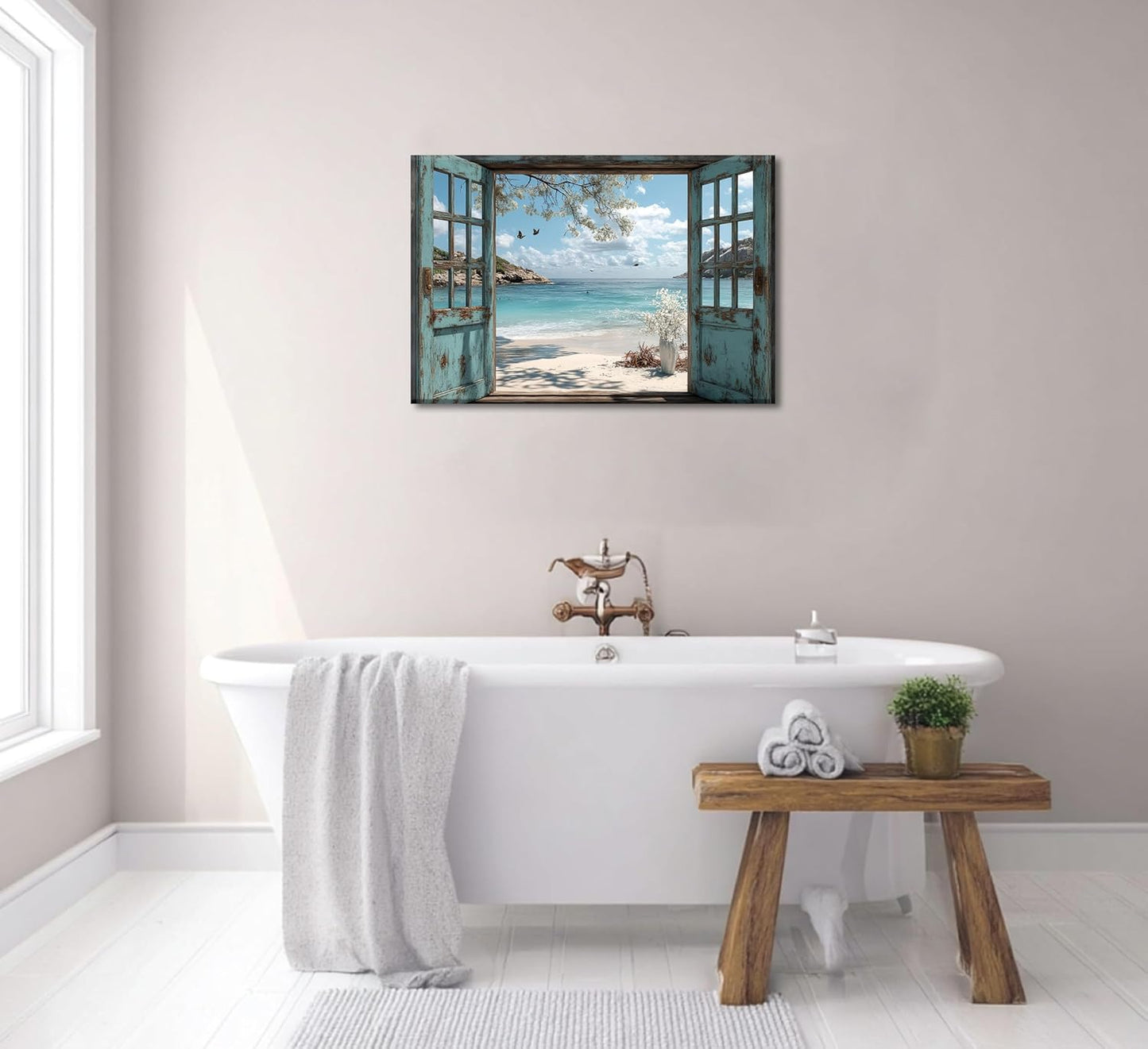 16"x12" Beach Window View Canvas Art｜Rustic Window Frame Design｜Waterproof HD Print｜Mediterranean Coastal Style