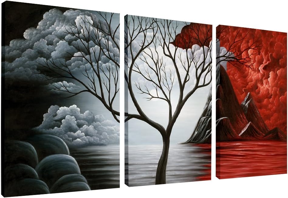 Bold Harmony – Modern Red, Black & Gray Abstract Tree Triptych Wall Art (36"x16")