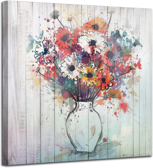 Rustic Floral Vase Canvas Wall Art | 14"x14" Square Framed Painting for Living Room & Bedroom