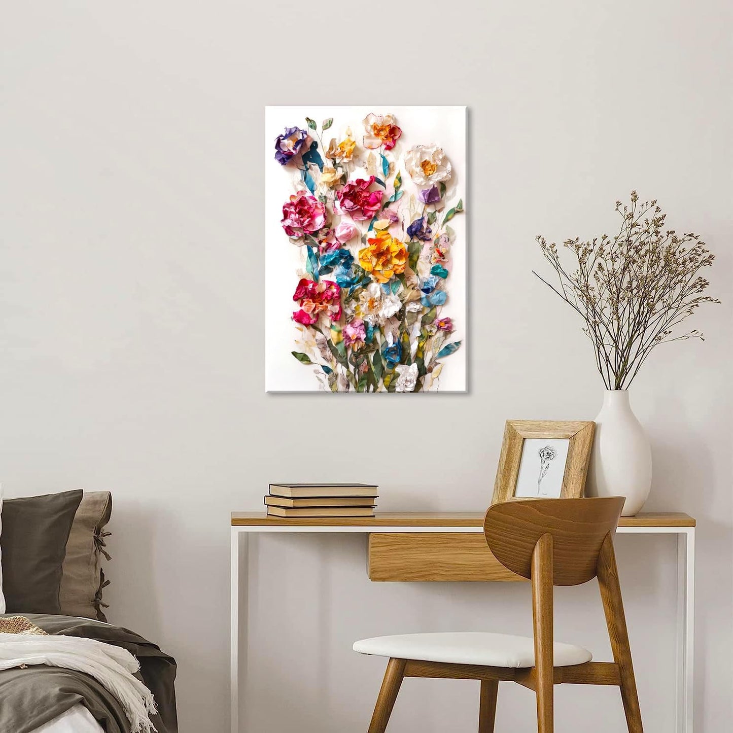 3D Effect Floral Canvas Wall Art | 16" x 12" Framed Botanical Print for Wall Decor