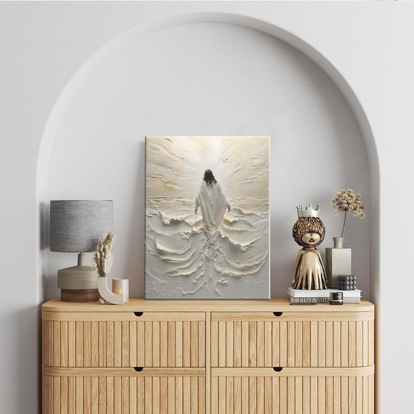 16x12 Inch Embossed Religious Canvas Art | Jesus Walking on Water Inspired Wall Decor | 3D Oil-Painting Style Print on Canvas