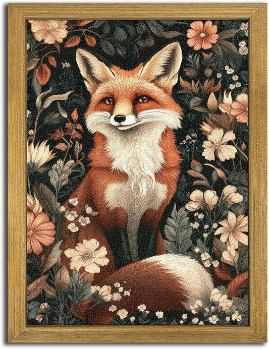 Vintage Floral Fox Wall Art with Wooden Frame – Nature-Inspired Animal Painting for Living Room, Bedroom, Nursery or Study Decor
