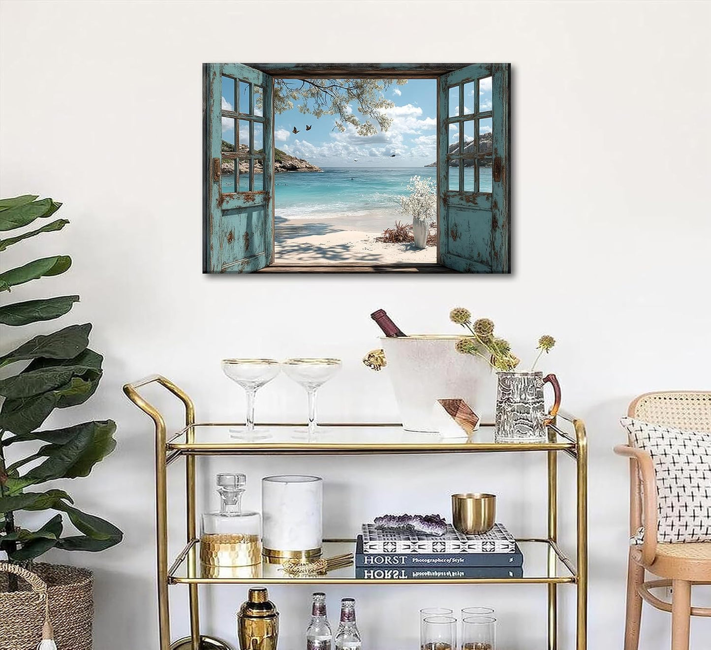 16"x12" Beach Window View Canvas Art｜Rustic Window Frame Design｜Waterproof HD Print｜Mediterranean Coastal Style