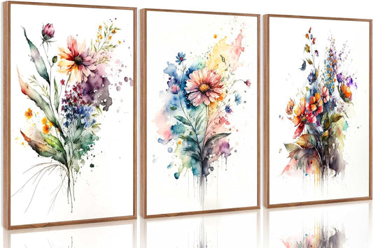 Watercolor Floral Wall Art Set of 3 – 12x16 Inch Framed Canvas Prints, for Living Room, Bedroom, Office Decor