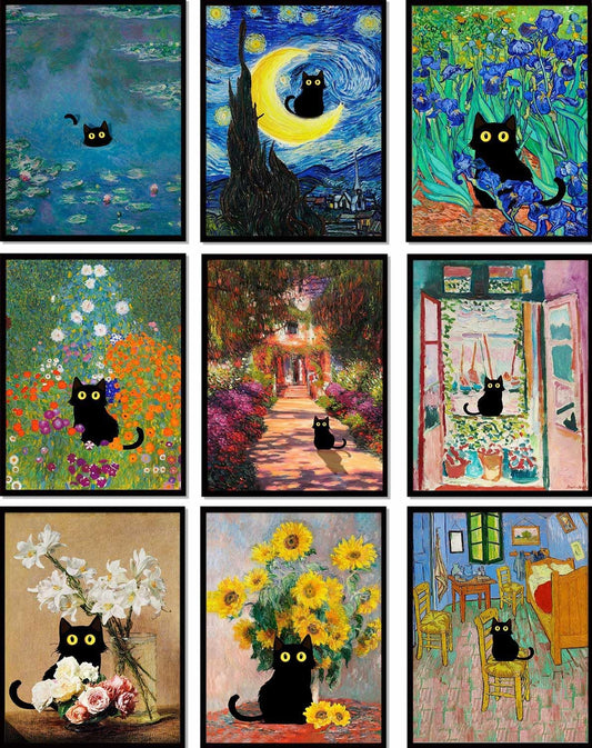 Cartoon Cat Art Print Set | 8"x10" Classic Painting Inspired Posters | Pack of 9 Unframed Wall Decor Prints