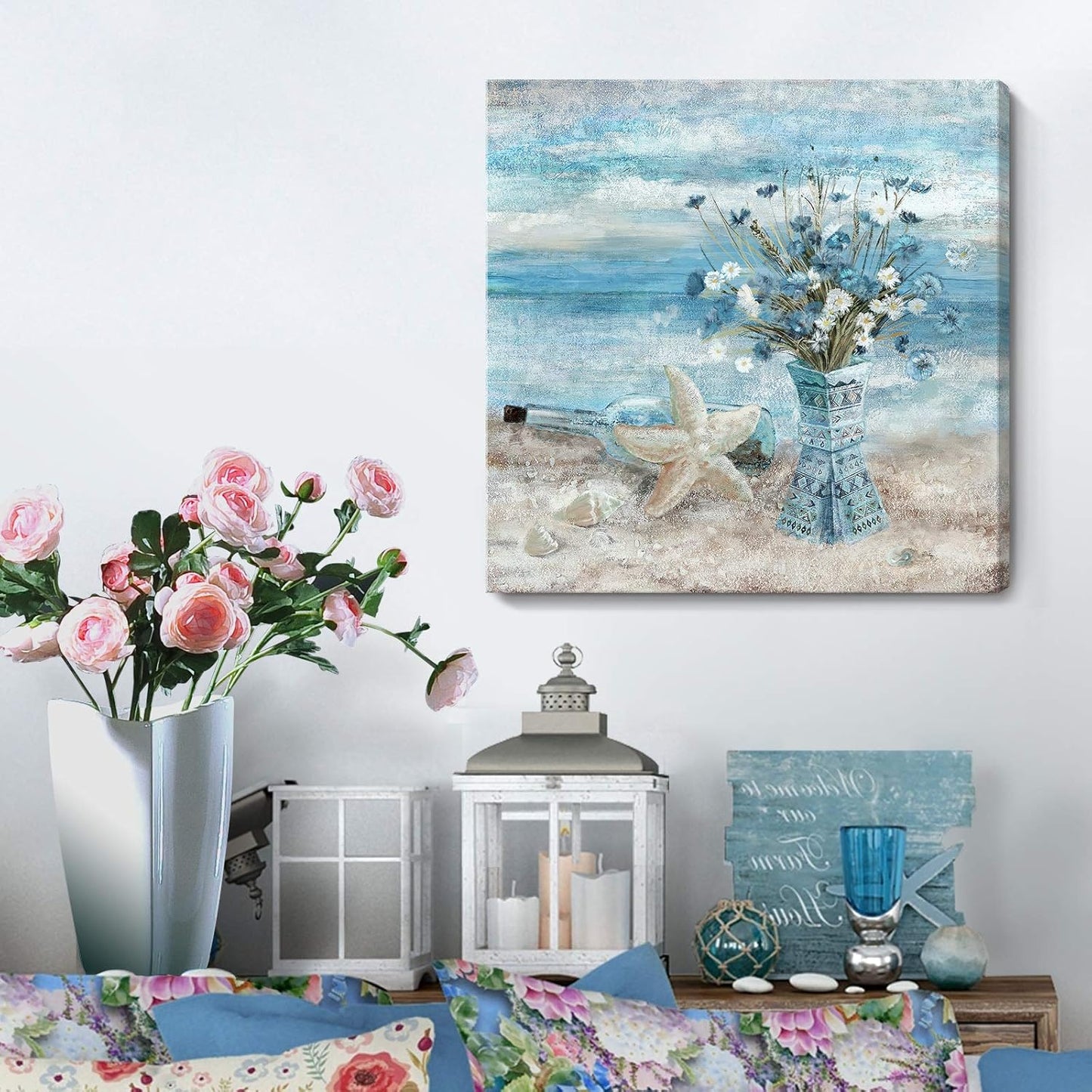 14x14 Inch Ocean Style Square Canvas Wall Art | Beach-Inspired Blue Floral & Starfish Print | Frameless Decorative Artwork