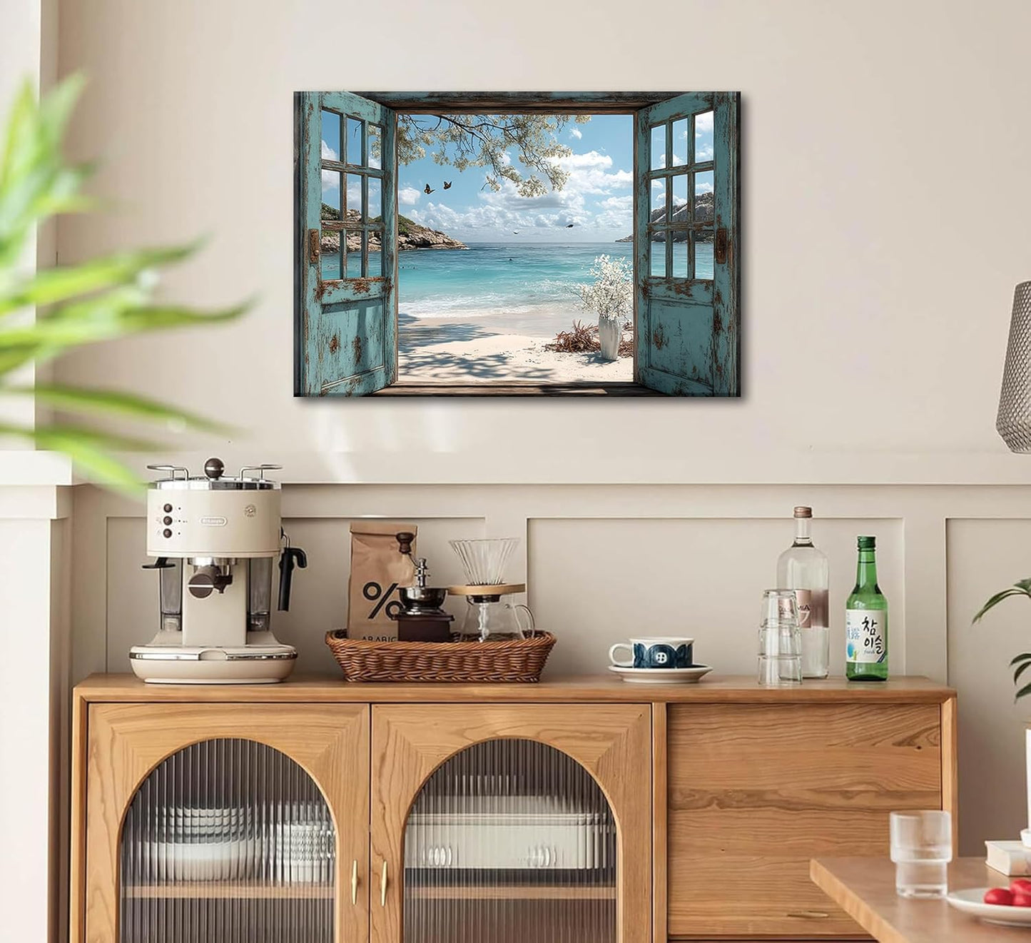 16"x12" Beach Window View Canvas Art｜Rustic Window Frame Design｜Waterproof HD Print｜Mediterranean Coastal Style
