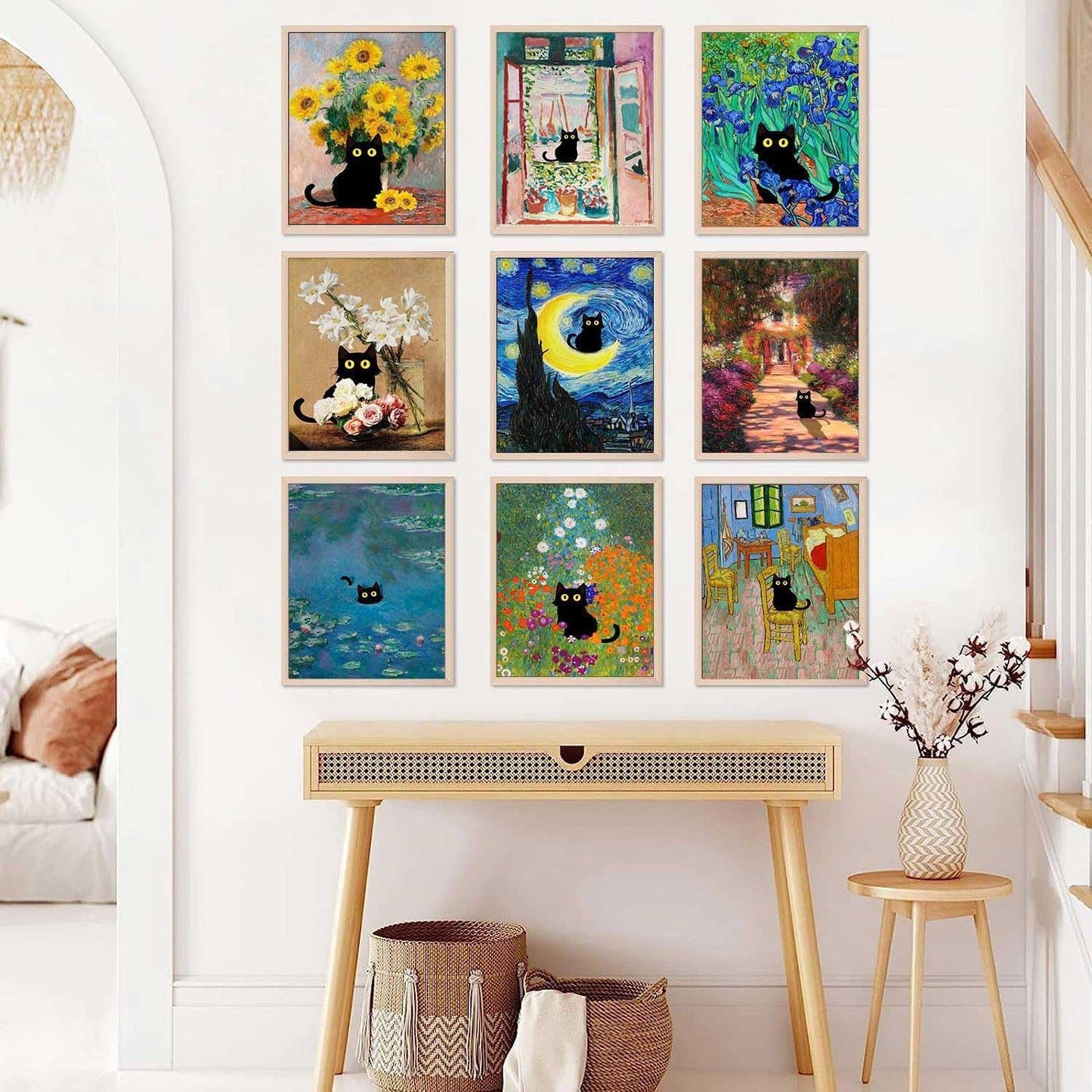 Cartoon Cat Art Print Set | 8"x10" Classic Painting Inspired Posters | Pack of 9 Unframed Wall Decor Prints