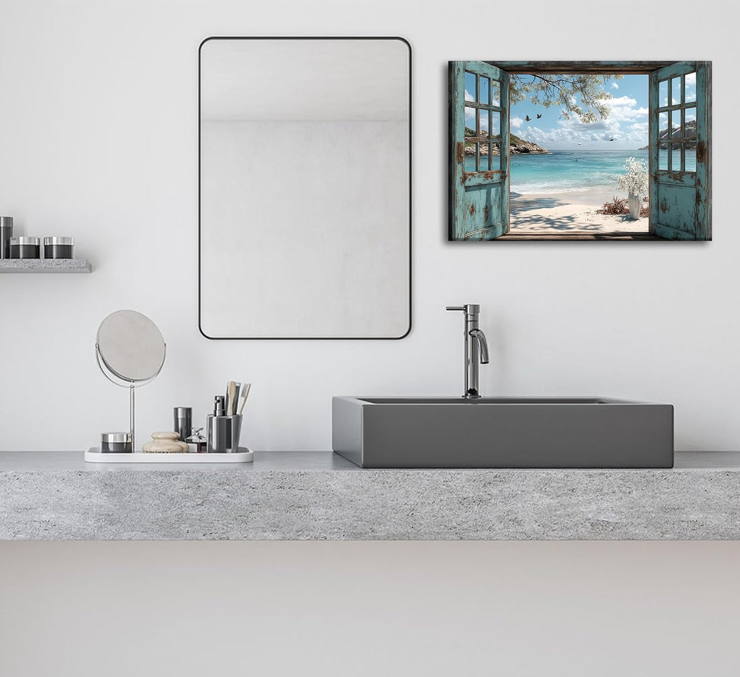 16"x12" Beach Window View Canvas Art｜Rustic Window Frame Design｜Waterproof HD Print｜Mediterranean Coastal Style