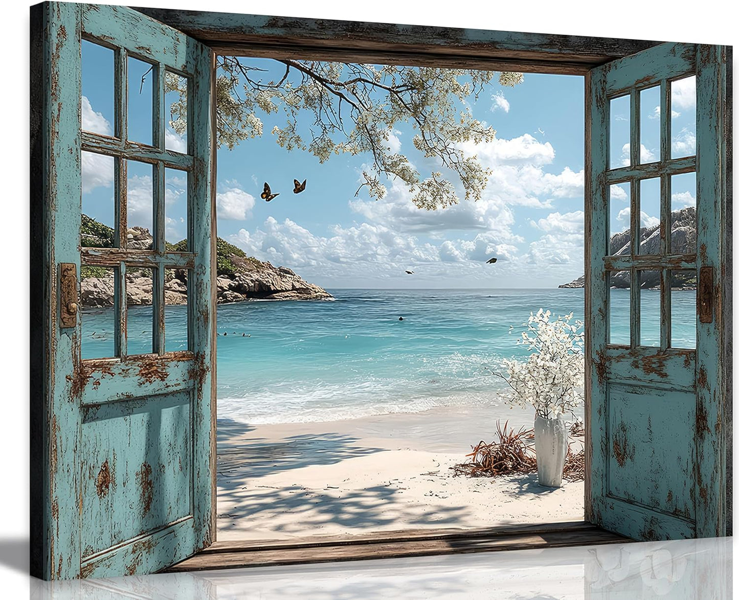 16"x12" Beach Window View Canvas Art｜Rustic Window Frame Design｜Waterproof HD Print｜Mediterranean Coastal Style