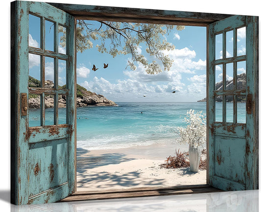 16"x12" Beach Window View Canvas Art｜Rustic Window Frame Design｜Waterproof HD Print｜Mediterranean Coastal Style