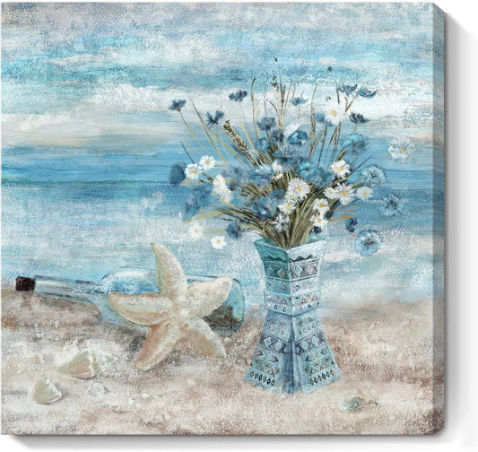14x14 Inch Ocean Style Square Canvas Wall Art | Beach-Inspired Blue Floral & Starfish Print | Frameless Decorative Artwork
