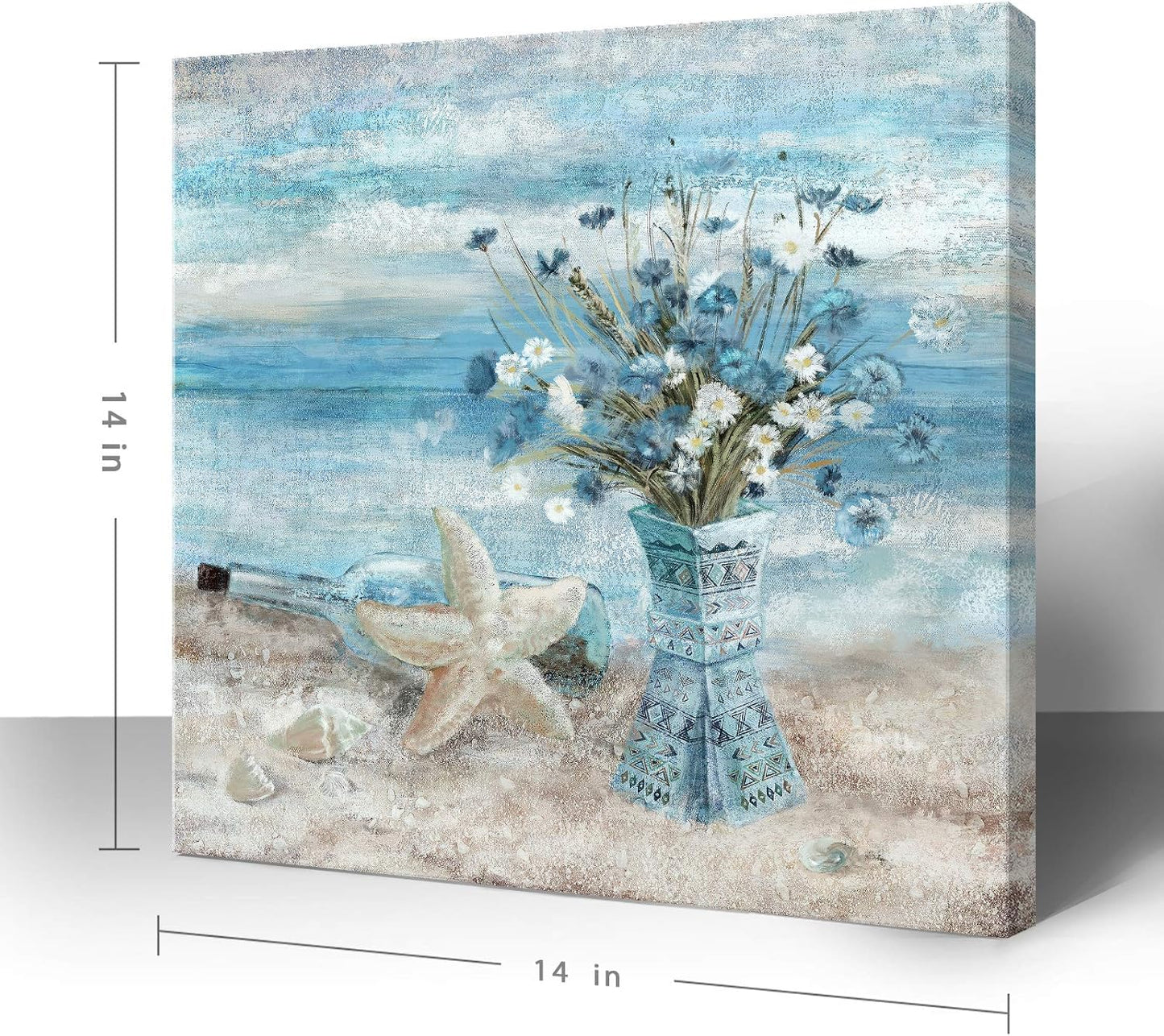 14x14 Inch Ocean Style Square Canvas Wall Art | Beach-Inspired Blue Floral & Starfish Print | Frameless Decorative Artwork